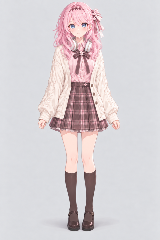 Asakura Mio, full-body cel-shaded reference on a plain grey plate: 胸までの長さの柔らかなピンクのウェーブ。重なった前髪と顔周りのカール, large round sky blue eyes, クリーム色のケーブルニットカーディガン、淡いピンクのブラウスと濃色のリボン、プリーツスカート、ヘッドホン.