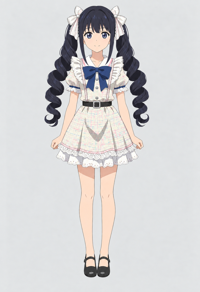 Kamakura Rin, full-body cel-shaded reference on a plain grey plate: 黒（青みがかった）、腰までの長さ。耳の後ろで結んだツインテールで、胸のあたりから毛先まで縦ロール, cool grey-blue, large and round, long lashes eyes, 黒のタートルネック、キャメルのロングコート、アンクルブーツ.