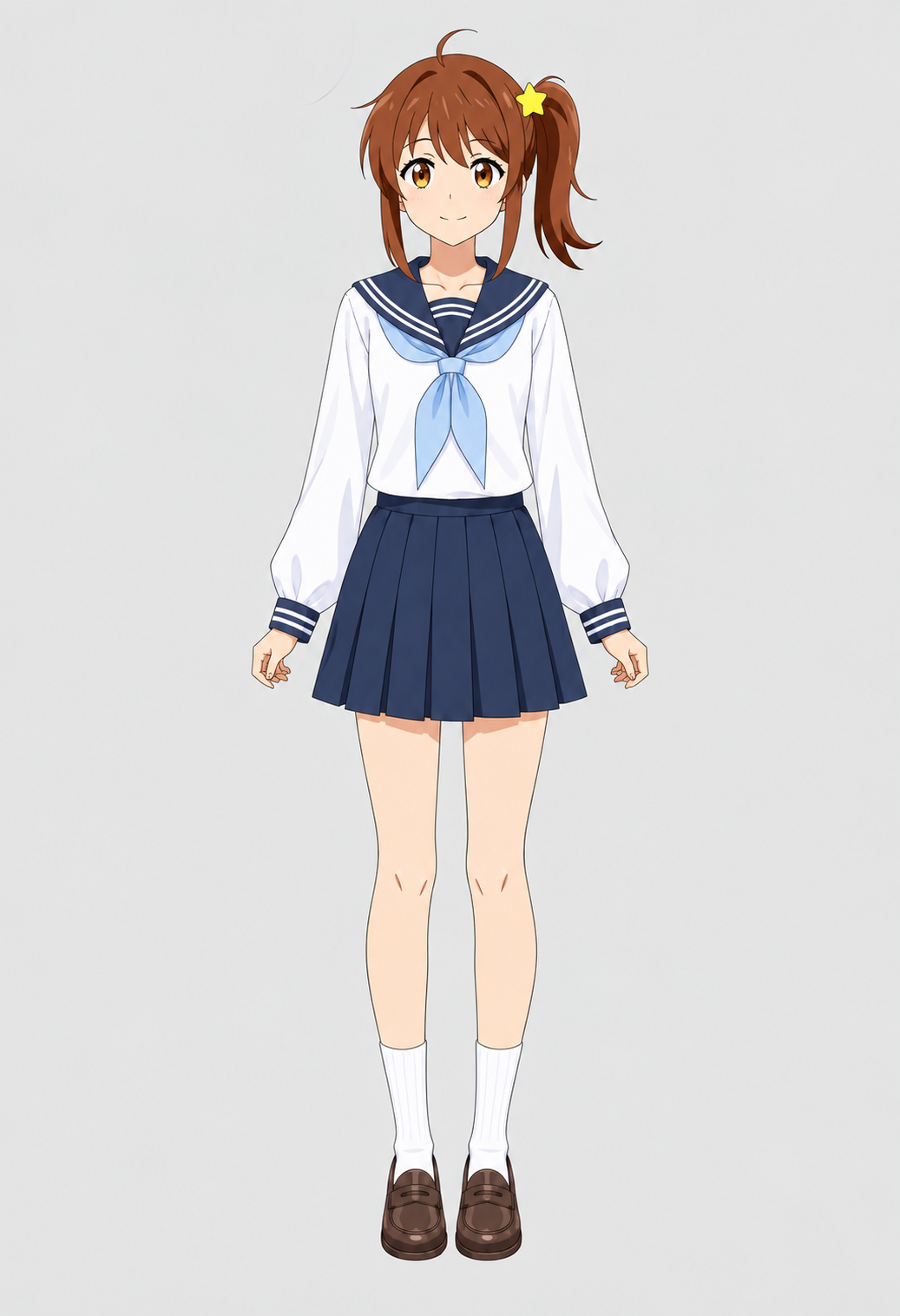 Shirakawa Yui, full-body cel-shaded reference on a plain grey plate: 温かみのある栗色、肩までの長さ, amber eyes, オーバーサイズのグレーパーカー、デニムショートパンツ、白いスニーカー.